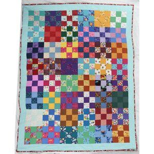 New, handmade Twin Quilt, Beautiful 9 block, patchwork design, Skittles fabric!